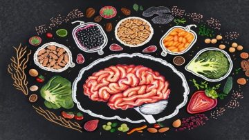 a drawing of a brain and various foods
