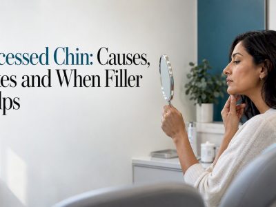 Woman assessing her side profile in clinic