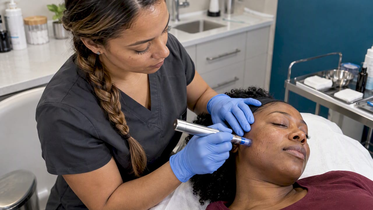 Clinician performing microneedling on a client's cheek