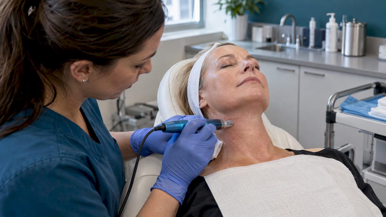 Clinician performing microneedling on a patient's neck